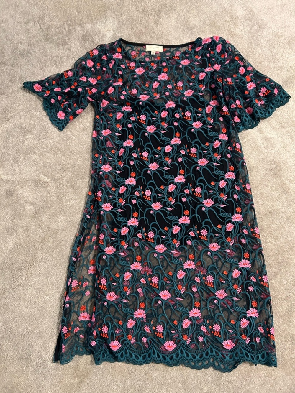 Moulinette Soeurs Black Lace Overlay dress with Pink Floral Embroidery